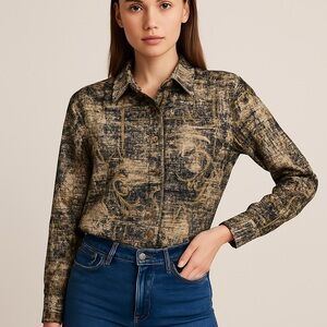 042. Shimmery Gold Baroque Button-Down Blouse Button-Up Shirt